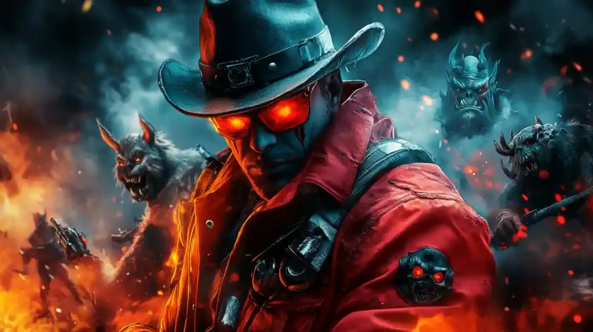 Cowboy com olhos vermelhos brilhantes cercado por criaturas demoníacas e fogo em um cenário de ação e terror
