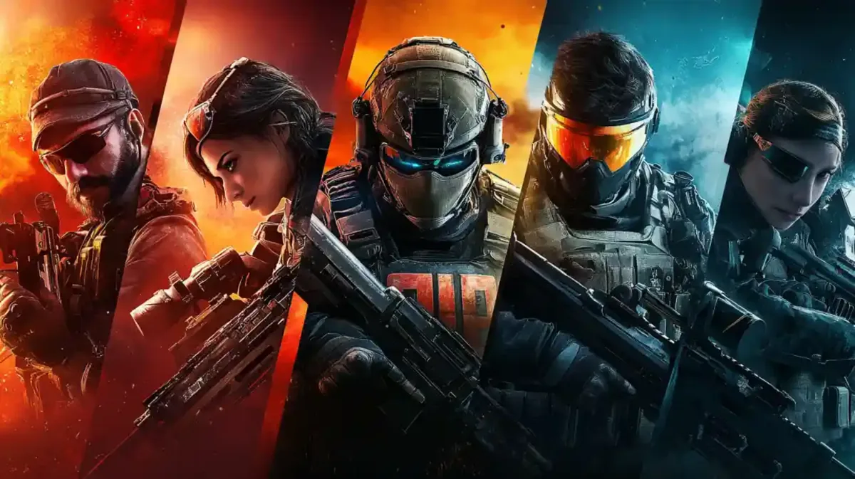 Esquadrão de Elite Esports Colagem com cinco soldados de elite diferentes em painéis coloridos representando classes de jogos de tiro