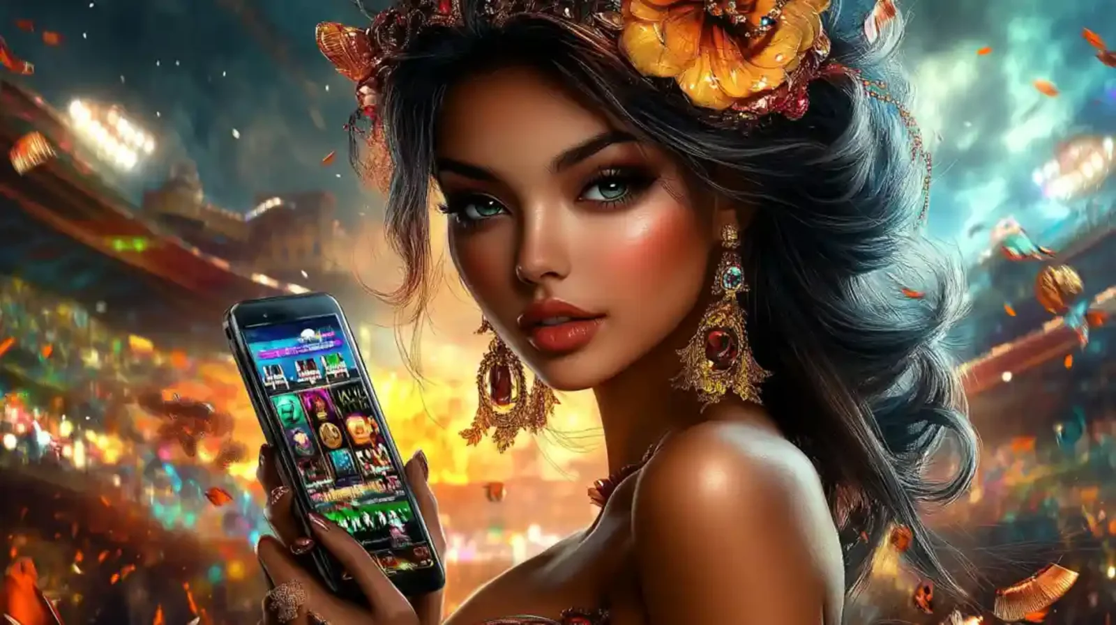 Mulher sofisticada usando joias grandes segurando um celular que exibe uma tela de jogo de caça-níqueis com fundo brilhante