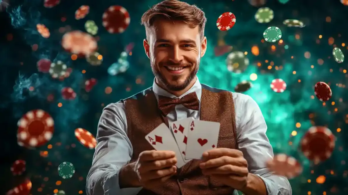 Homem elegante de colete segurando três cartas de ás com fichas de cassino voando ao fundo e fumaça verde