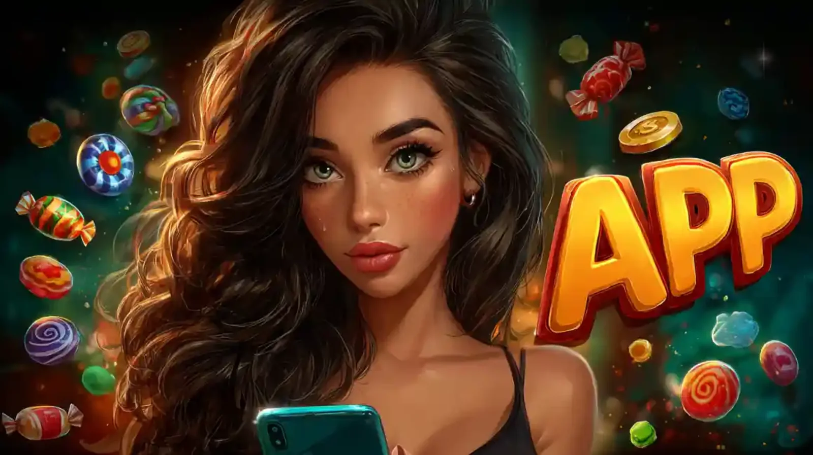 Ilustração de mulher cercada por doces coloridos e moedas com um texto flutuante escrito APP indicando download de aplicativo