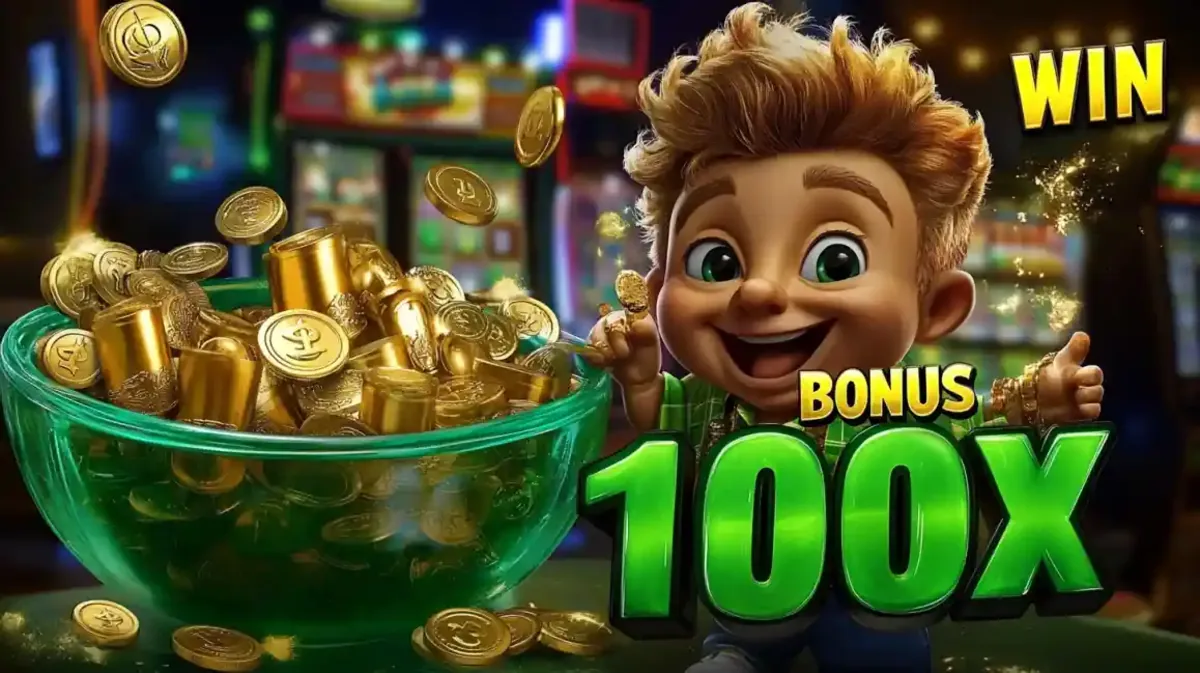 Personagem animado estilo leprechaun sorrindo ao lado de um pote cheio de moedas de ouro com texto de bônus de 100x