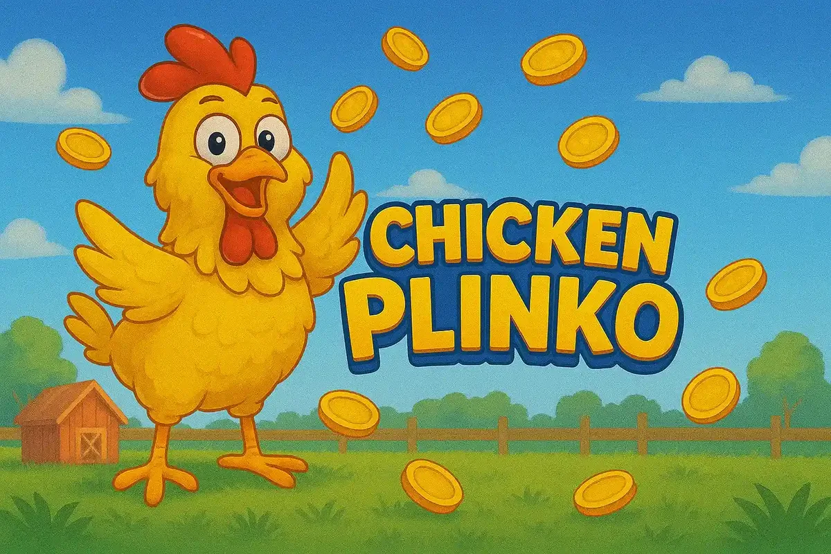 Galinha amarela simpática em uma fazenda com moedas de ouro caindo do céu e o logotipo Chicken Plinko