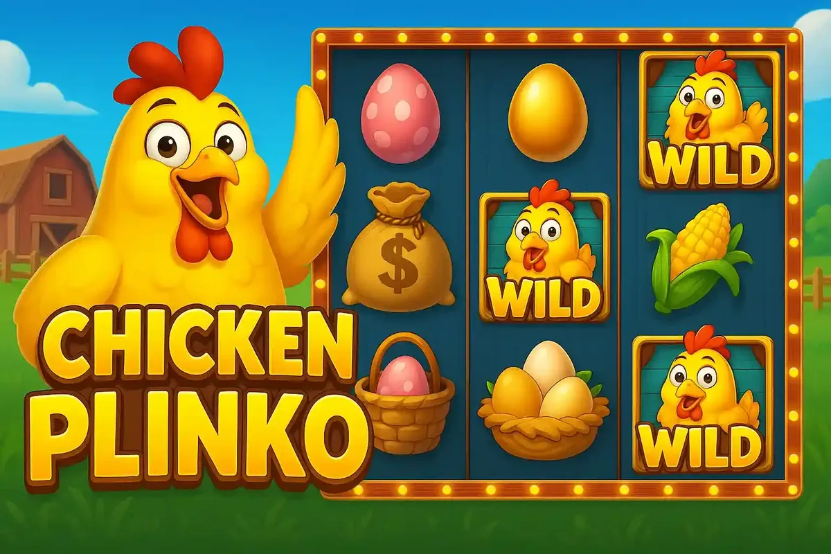 Interface de caça-níqueis com tema de fazenda mostrando símbolos de galinhas ovos e milho em grade 3x3