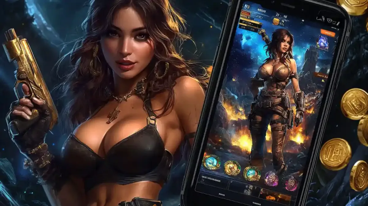 Personagem feminina estilo ação segurando uma arma dourada e um celular mostrando um jogo de RPG e aventura