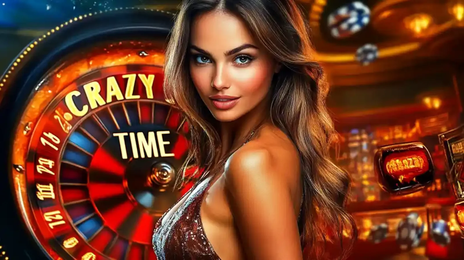 Mulher elegante com vestido brilhante posando na frente da roda colorida do jogo Crazy Time com fichas de cassino