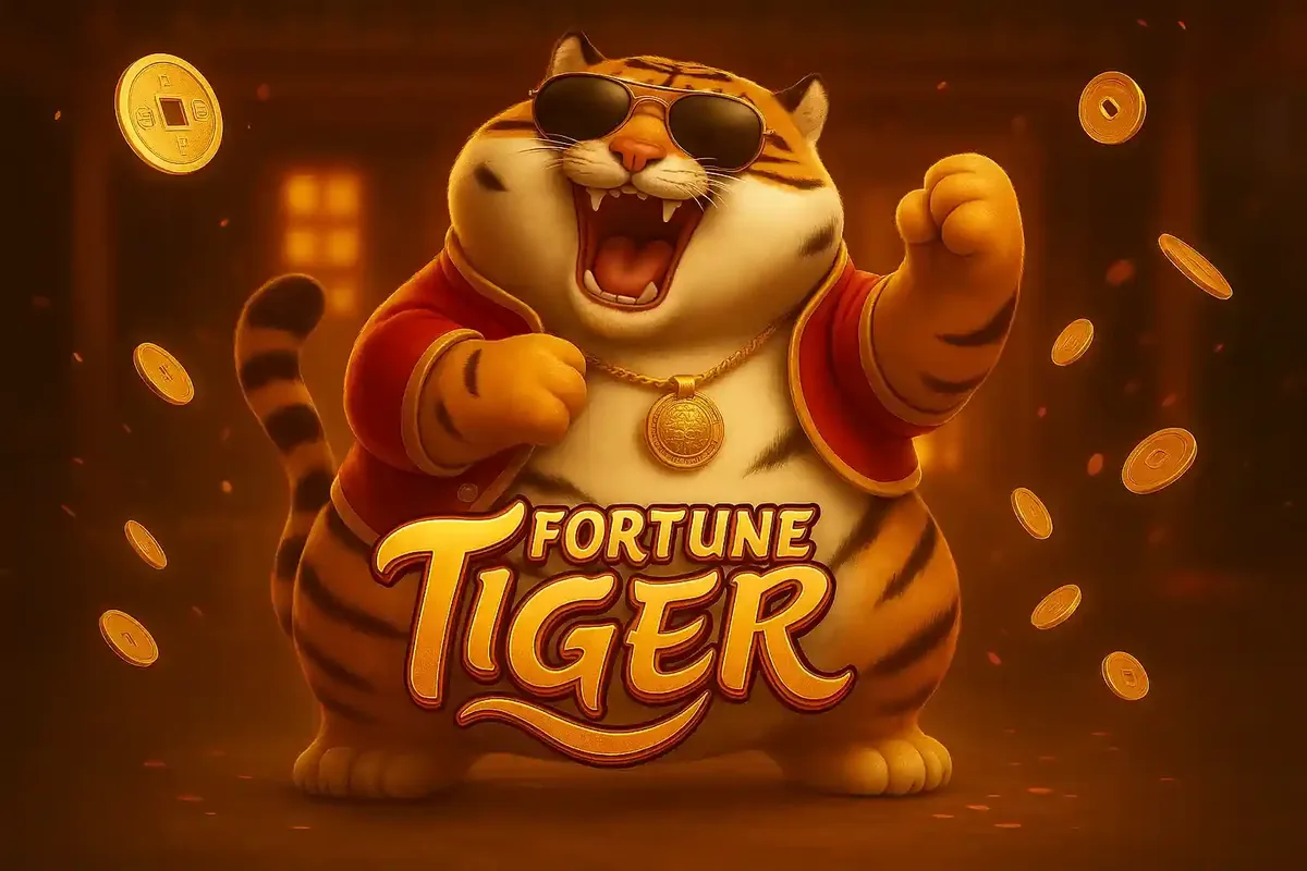 Personagem tigre gordinho usando camisa vermelha e óculos escuros comemorando com moedas voando ao redor