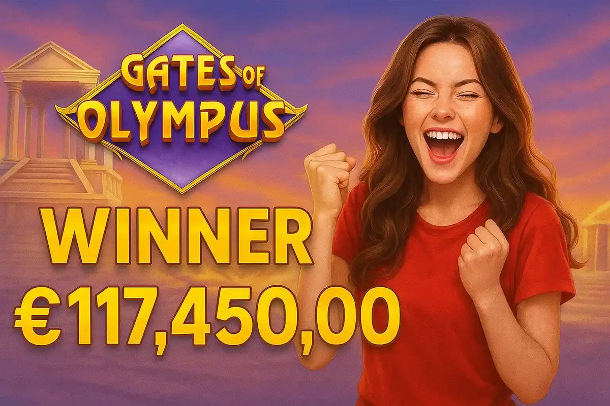 Grande Vitória no Olympus Mulher feliz comemorando uma grande vitória em dinheiro com o logotipo do jogo Gates of Olympus ao fundo