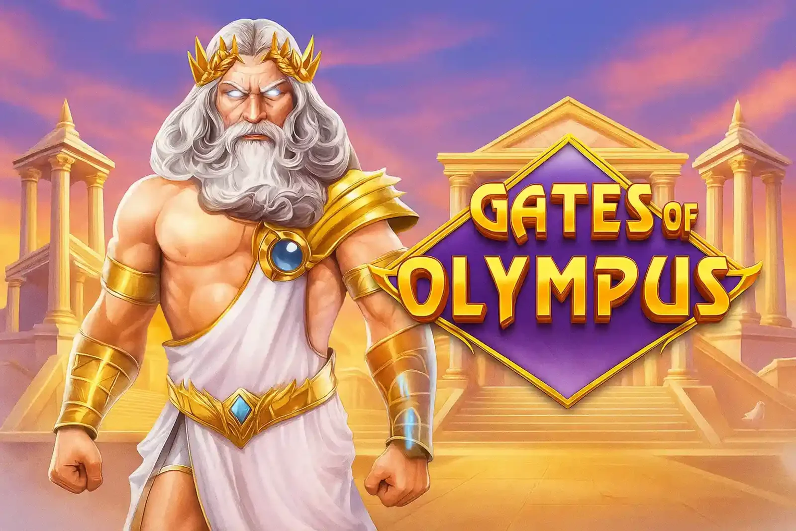 Personagem Zeus Gates of Olympus Ilustração do deus grego Zeus com barba branca e olhos brilhantes usando armadura dourada em frente a templos