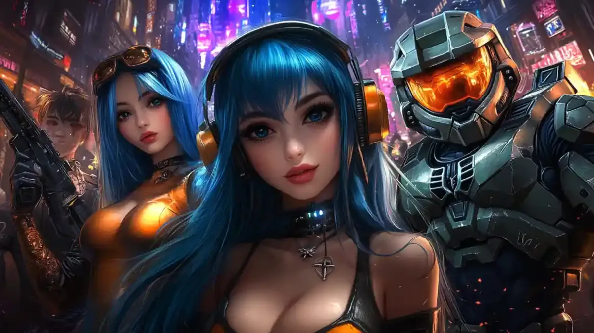 Equipe de Heróis Cyberpunk Três personagens futuristas incluindo um soldado com capacete e mulheres com estilo anime em uma cidade cyberpunk iluminada por neon