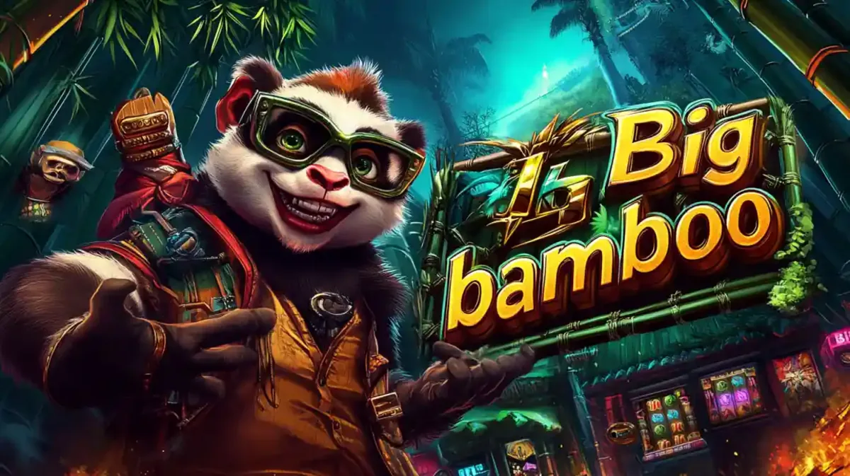Urso panda com óculos modernos na floresta ao lado do logotipo dourado do jogo de slot Big Bamboo