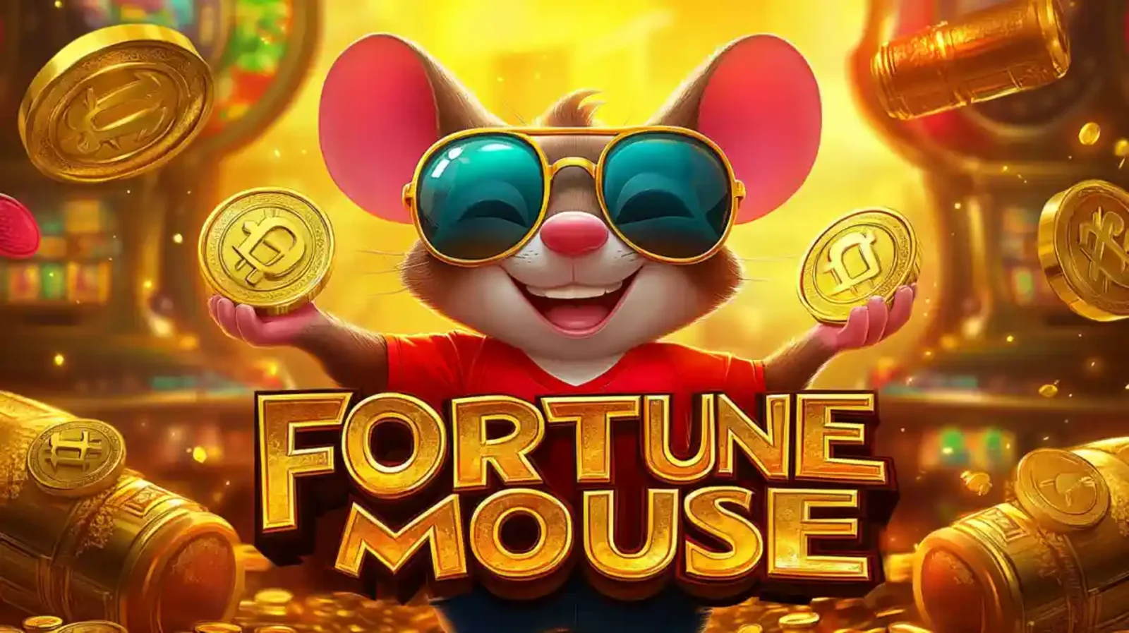 Rato animado usando óculos escuros segurando moedas de bitcoin com o texto Fortune Mouse e fundo dourado