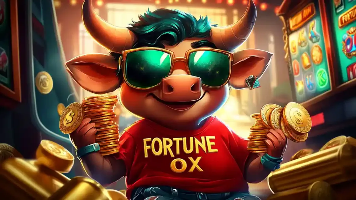 Touro antropomórfico estiloso de óculos escuros segurando pilhas de moedas de ouro com o texto Fortune Ox